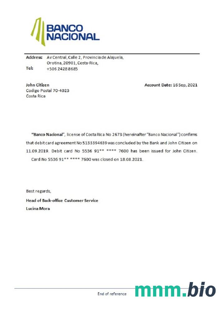 Przykład odniesienia zamknięcia Kostaryki Banco Nacional w formatach Word i PDF